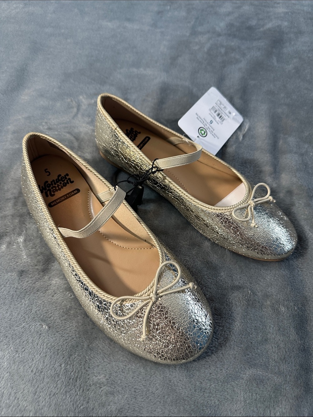 NWTS wonder nation Metallic Silver Mary Jane Ballet Flats with Bow Sz 5 girls